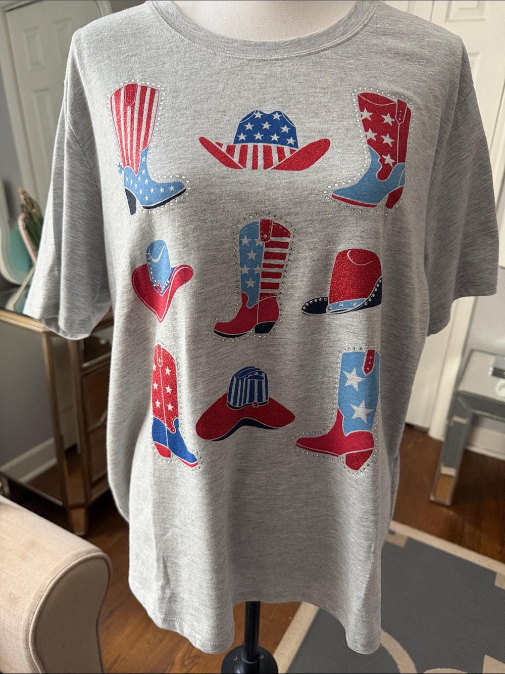 Joei & I Gray Short Sleeve Red & Blue Patriotic Cowboy Tee XL NWT 🇺🇸❤️